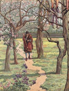 Louis XI of France walking through an orchard in spring with the bodies of hanged men suspended from the trees by Onfray de Breville Job